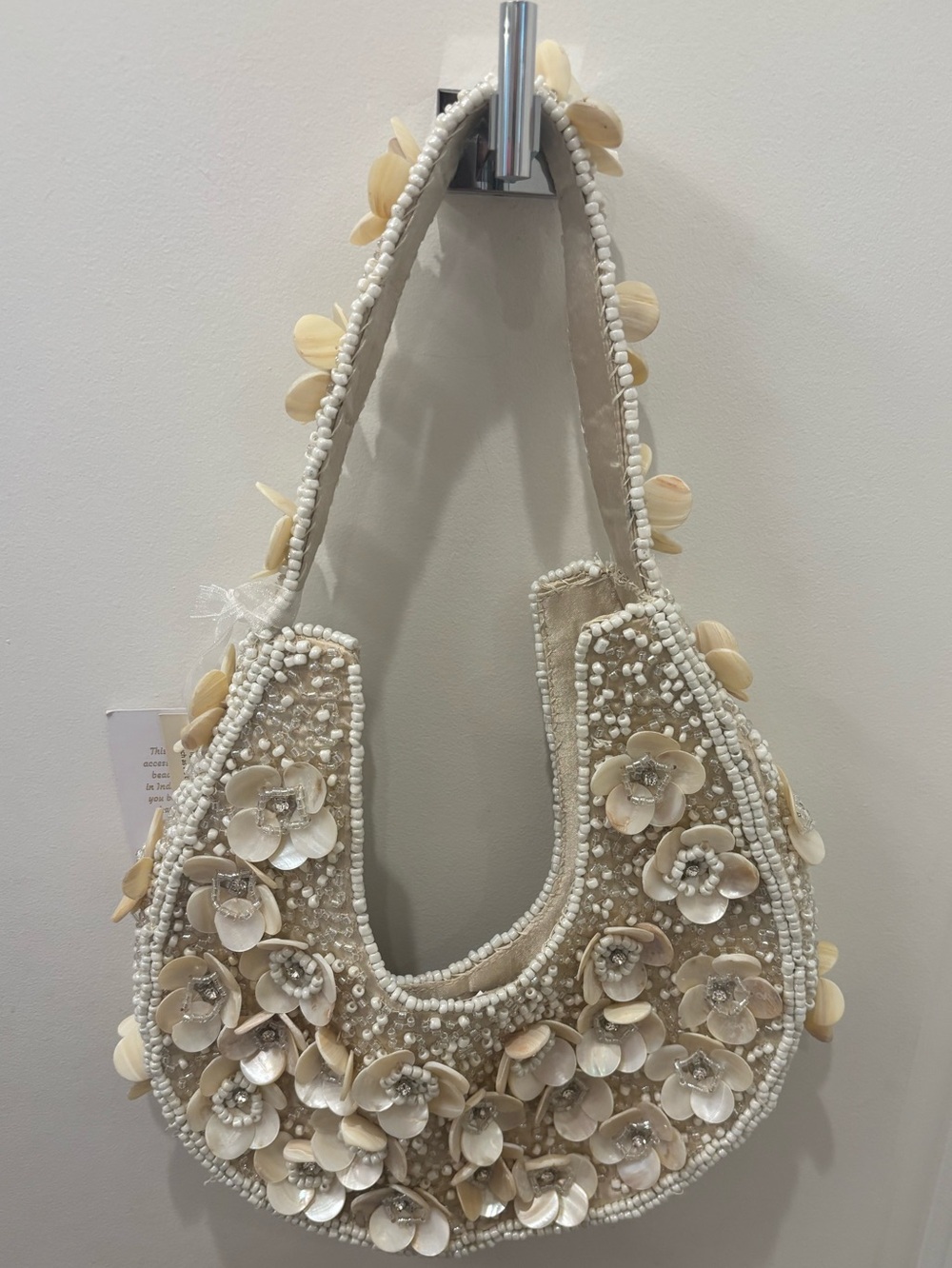 NWT Made in India Beaded Floral Shoulder Bag in Ivory